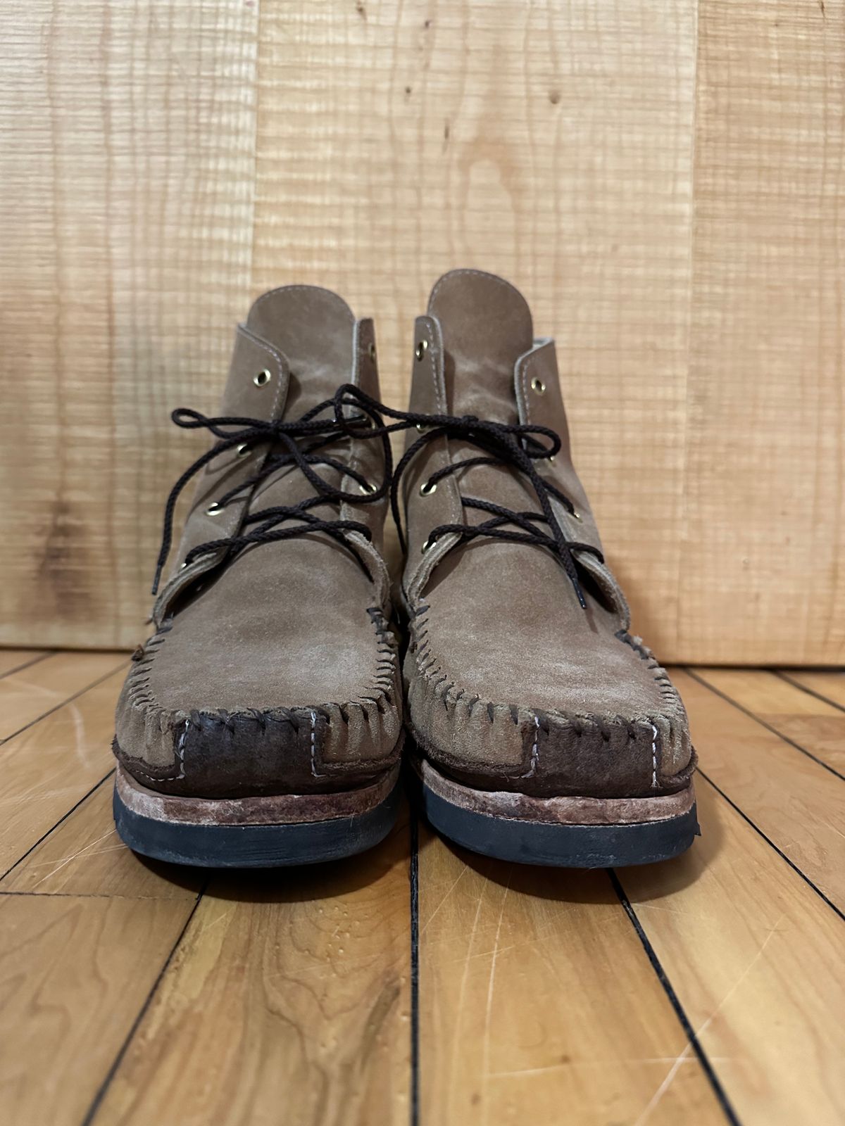 Photo by fcmocs on April 6, 2023 of the Fish Creek Moccasin Hardsole Boot in Khaki Suede.