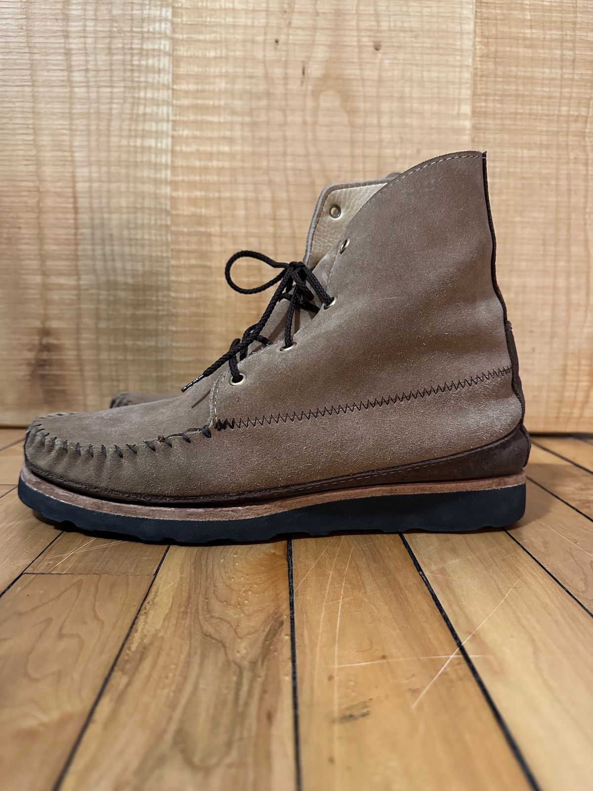 Photo by fcmocs on April 6, 2023 of the Fish Creek Moccasin Hardsole Boot in Khaki Suede.