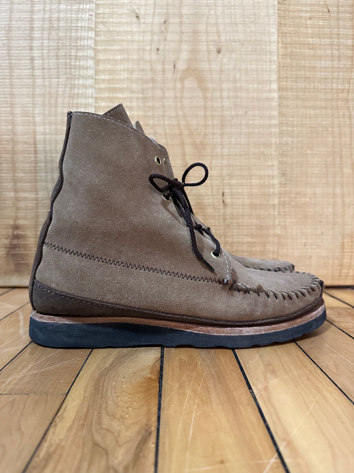 Photo by fcmocs on April 6, 2023 of the Fish Creek Moccasin Hardsole Boot in Khaki Suede.
