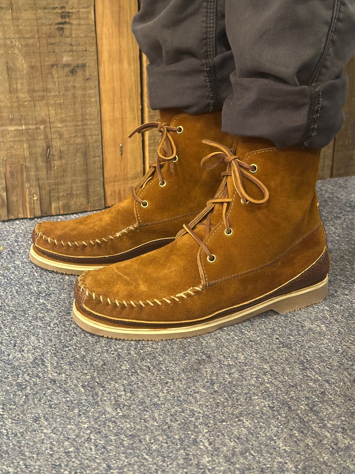 Photo by fcmocs on October 1, 2024 of the Fish Creek Moccasin 6” Boot in Rusty Brown Suede.