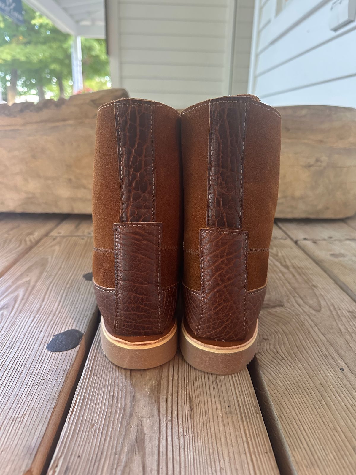 Photo by fcmocs on October 1, 2024 of the Fish Creek Moccasin 6” Boot in Rusty Brown Suede.