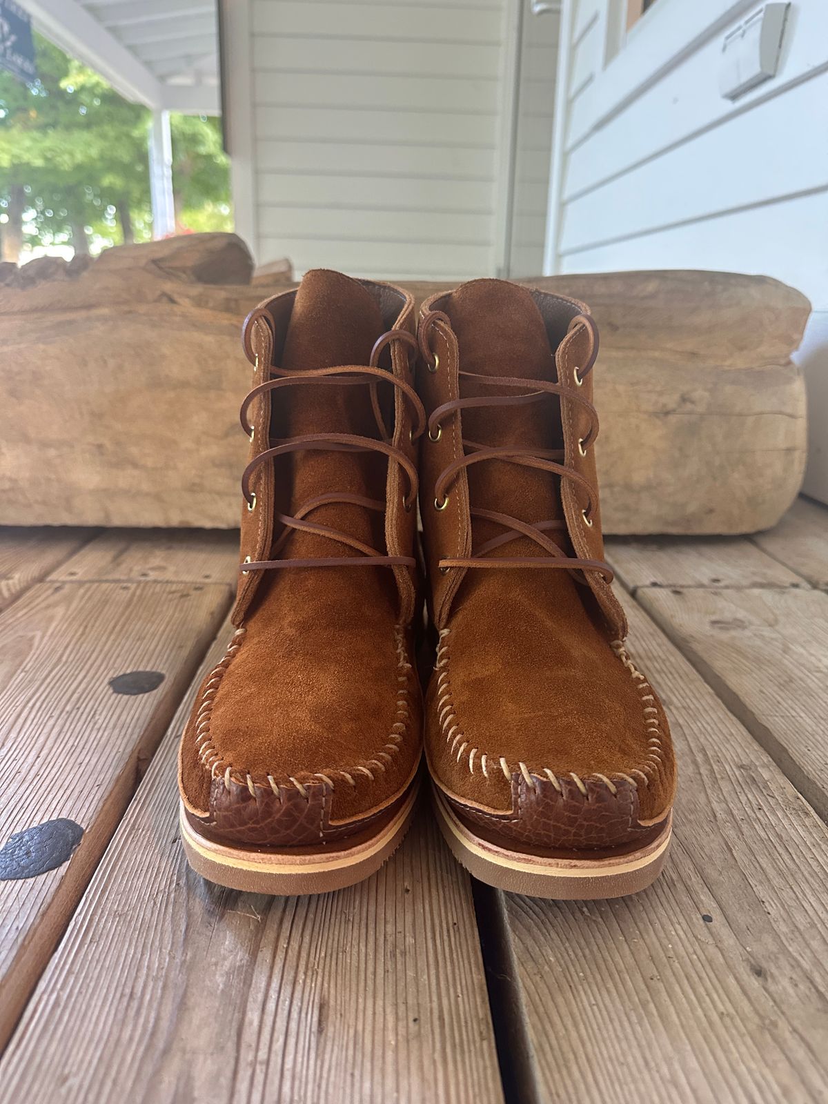 Photo by fcmocs on October 1, 2024 of the Fish Creek Moccasin 6” Boot in Rusty Brown Suede.
