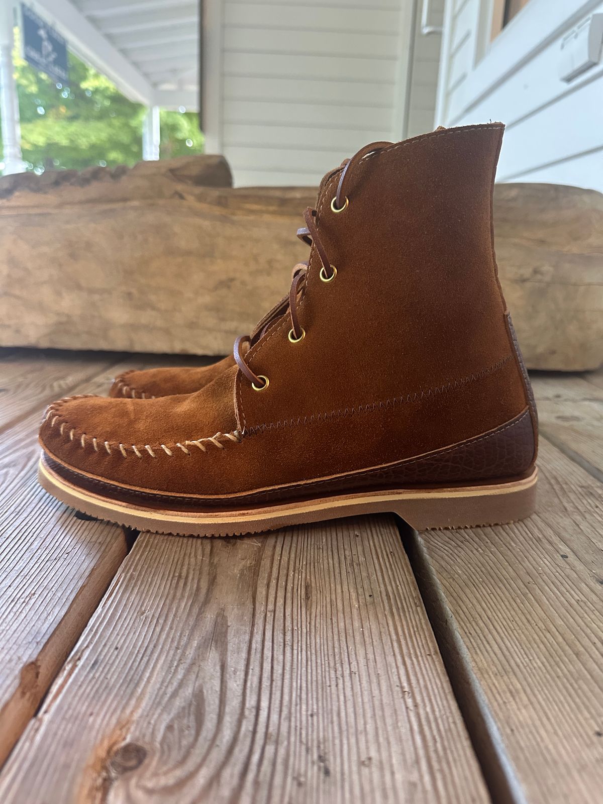 Photo by fcmocs on October 1, 2024 of the Fish Creek Moccasin 6” Boot in Rusty Brown Suede.