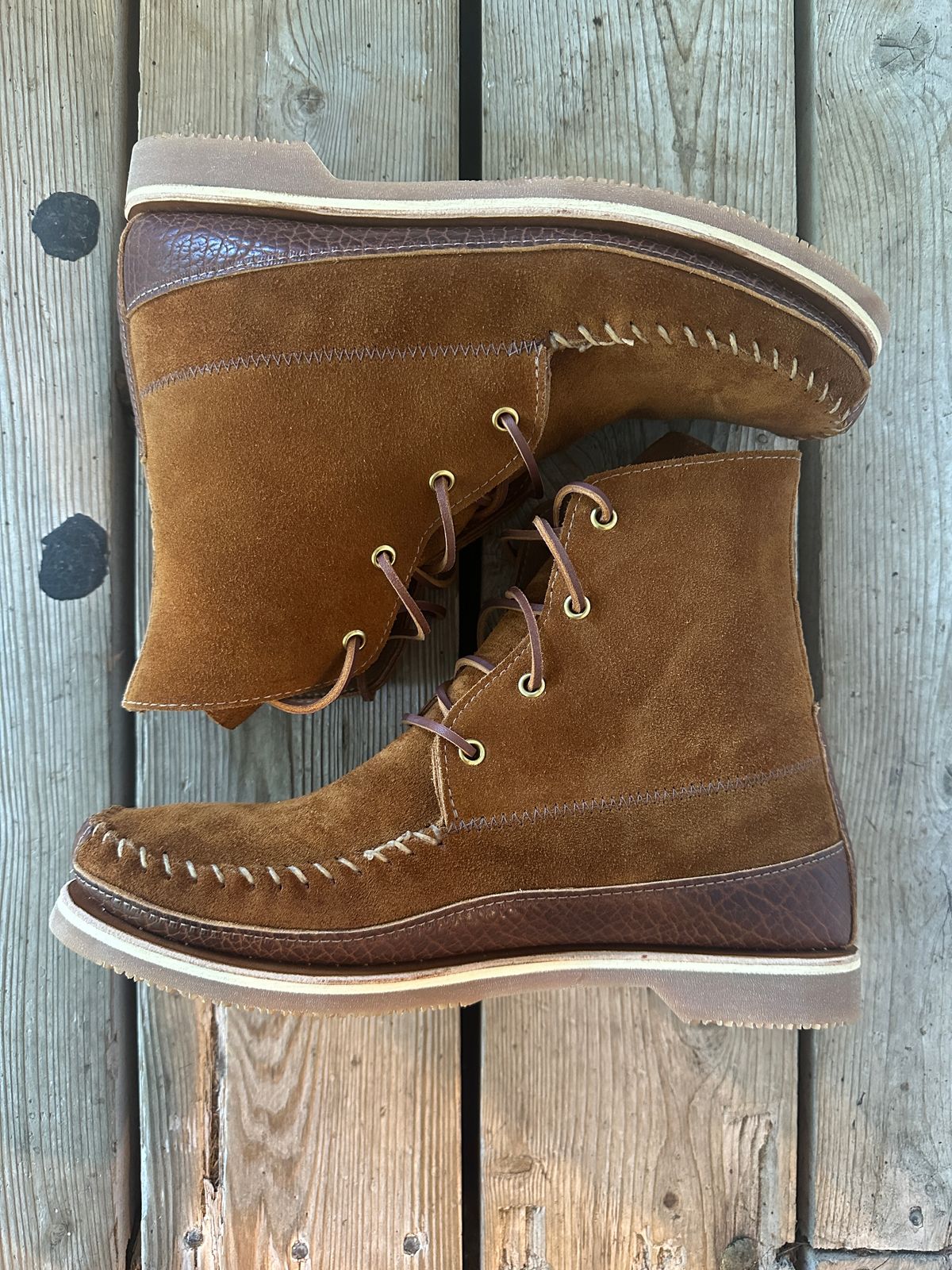 Photo by fcmocs on October 1, 2024 of the Fish Creek Moccasin 6” Boot in Rusty Brown Suede.