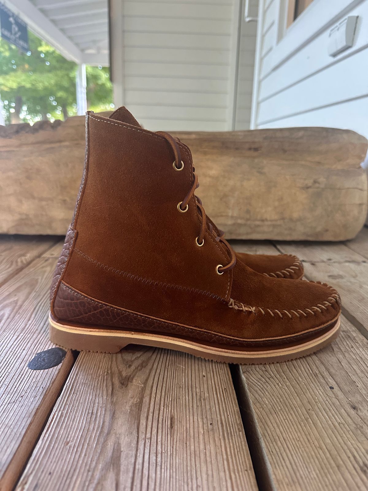 Photo by fcmocs on October 1, 2024 of the Fish Creek Moccasin 6” Boot in Rusty Brown Suede.