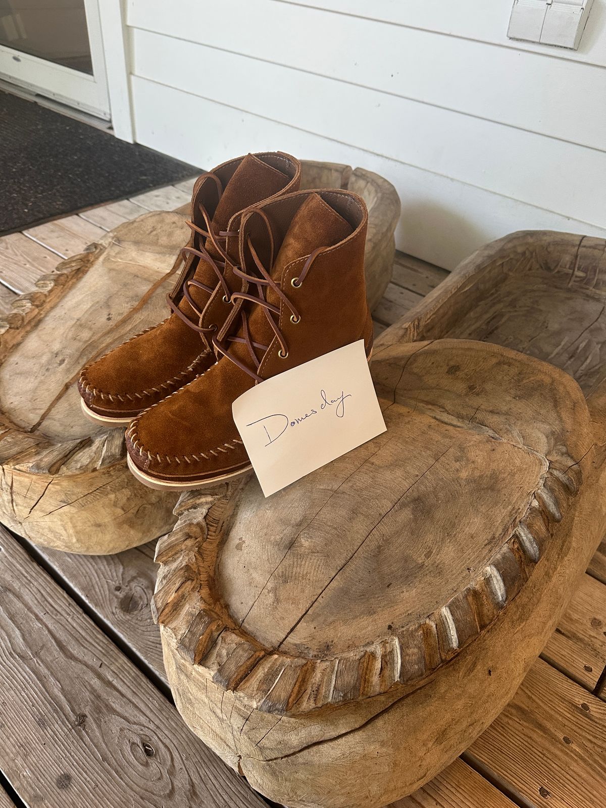 Photo by fcmocs on October 1, 2024 of the Fish Creek Moccasin 6” Boot in Rusty Brown Suede.