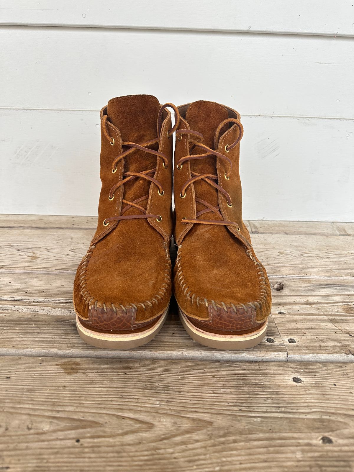 Photo by fcmocs on November 3, 2024 of the Fish Creek Moccasin 6” Boot in Rusty Brown Suede.