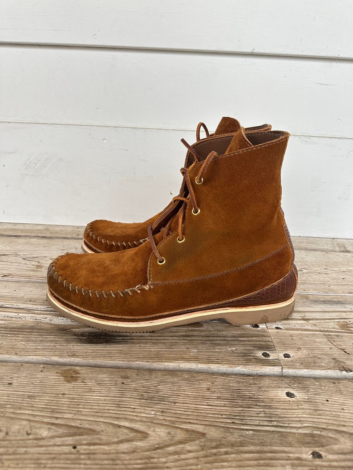Photo by fcmocs on November 3, 2024 of the Fish Creek Moccasin 6” Boot in Rusty Brown Suede.