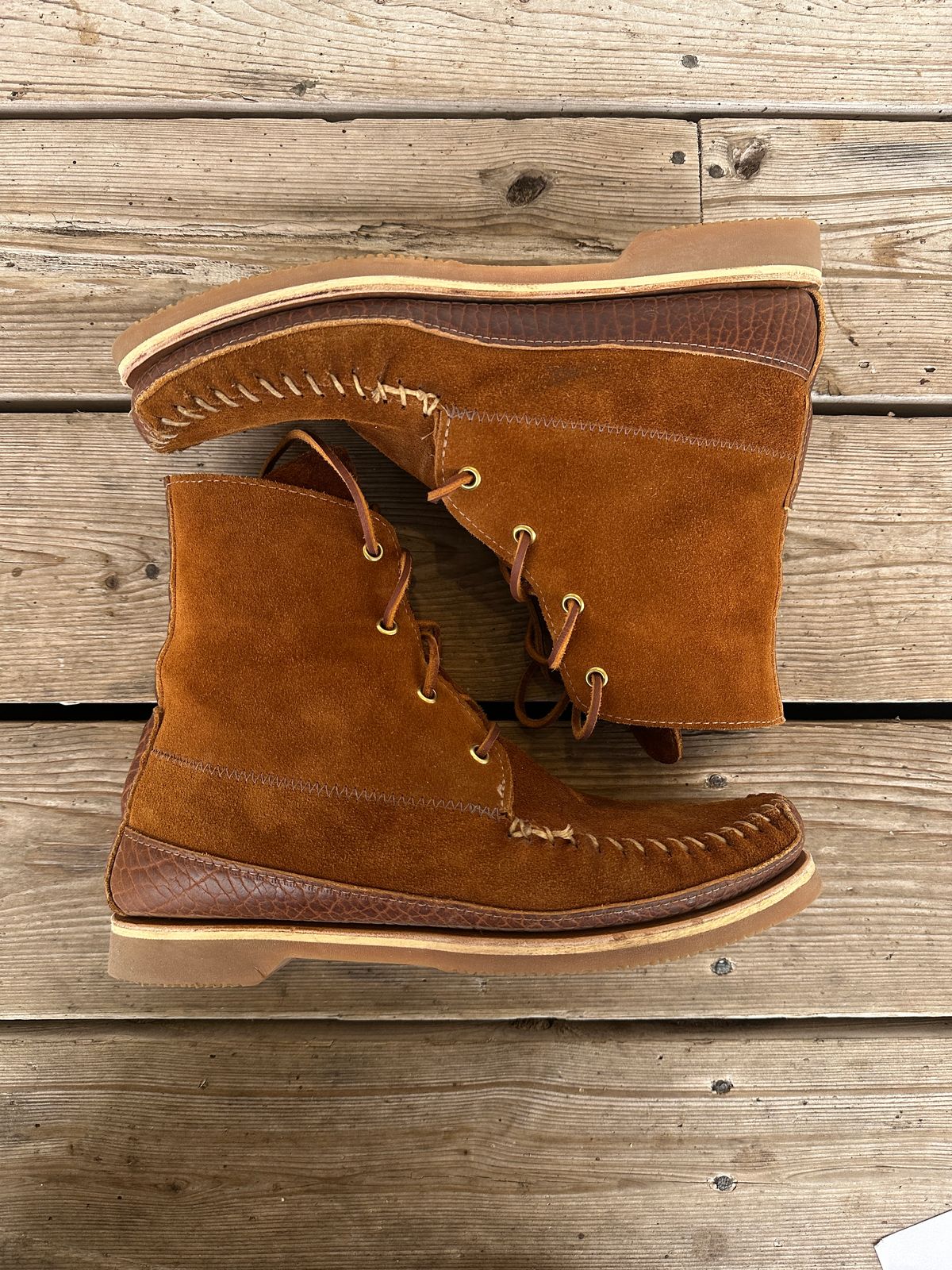 Photo by fcmocs on November 3, 2024 of the Fish Creek Moccasin 6” Boot in Rusty Brown Suede.