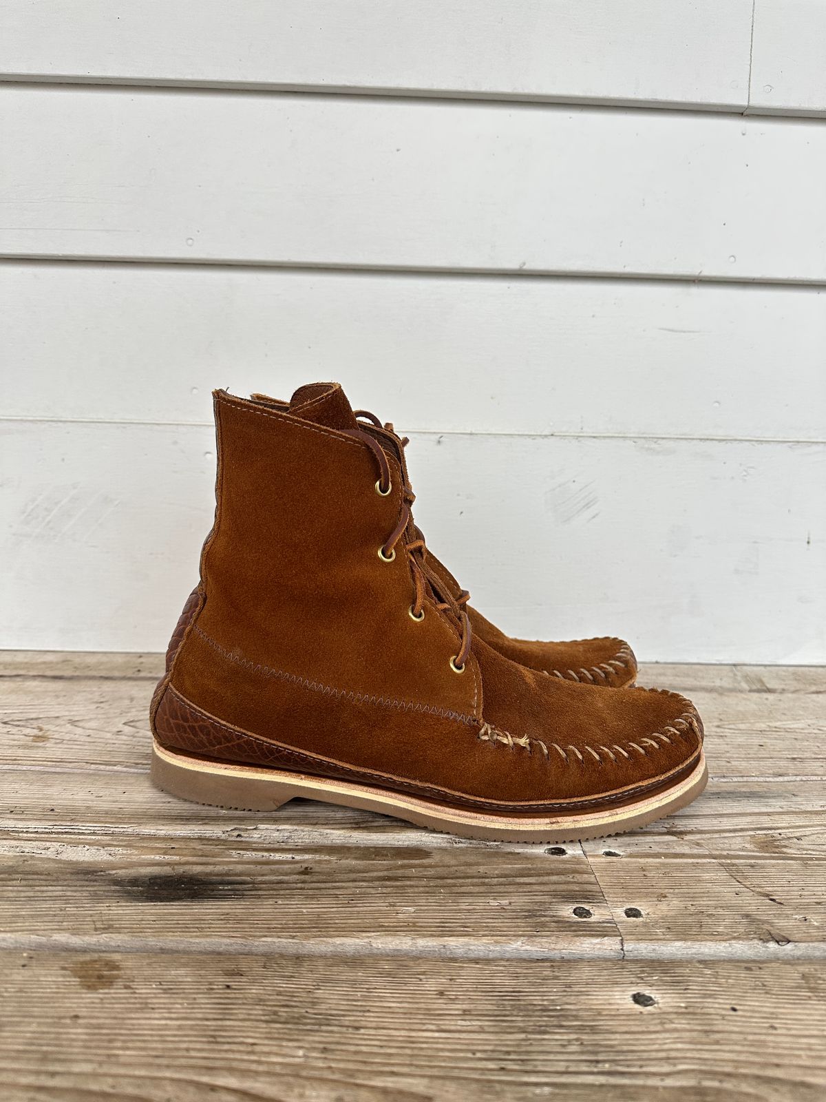 Photo by fcmocs on November 3, 2024 of the Fish Creek Moccasin 6” Boot in Rusty Brown Suede.