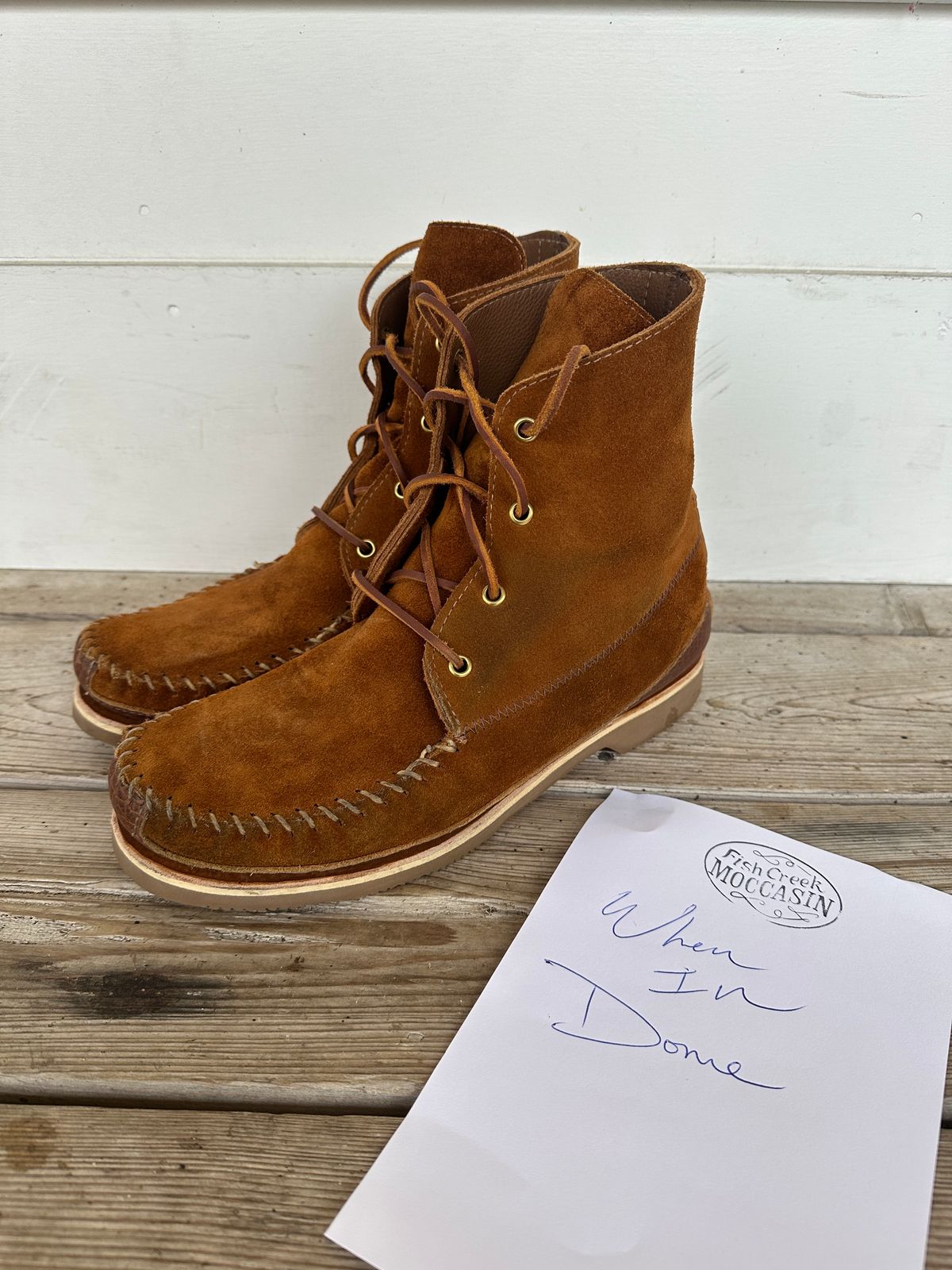 Photo by fcmocs on November 3, 2024 of the Fish Creek Moccasin 6” Boot in Rusty Brown Suede.