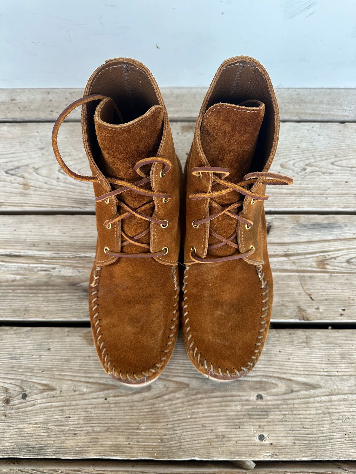 Photo by fcmocs on November 3, 2024 of the Fish Creek Moccasin 6” Boot in Rusty Brown Suede.
