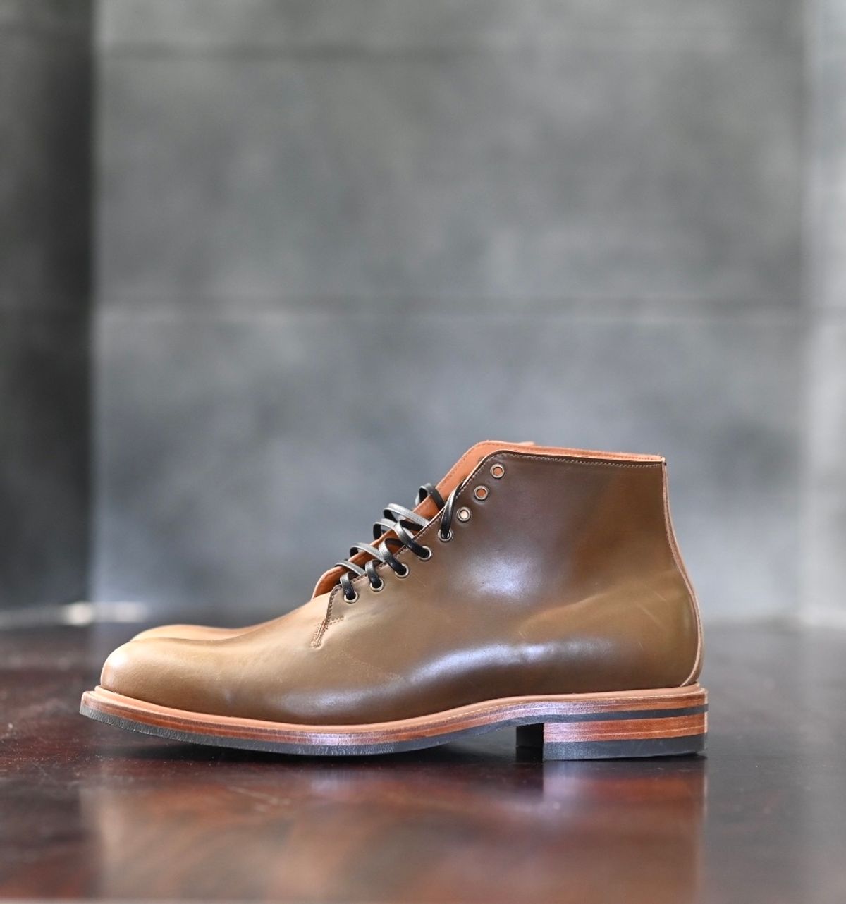 Photo by rmt on October 1, 2022 of the Viberg Wholecut Derby Boot in Horween Calvados Shell Cordovan.