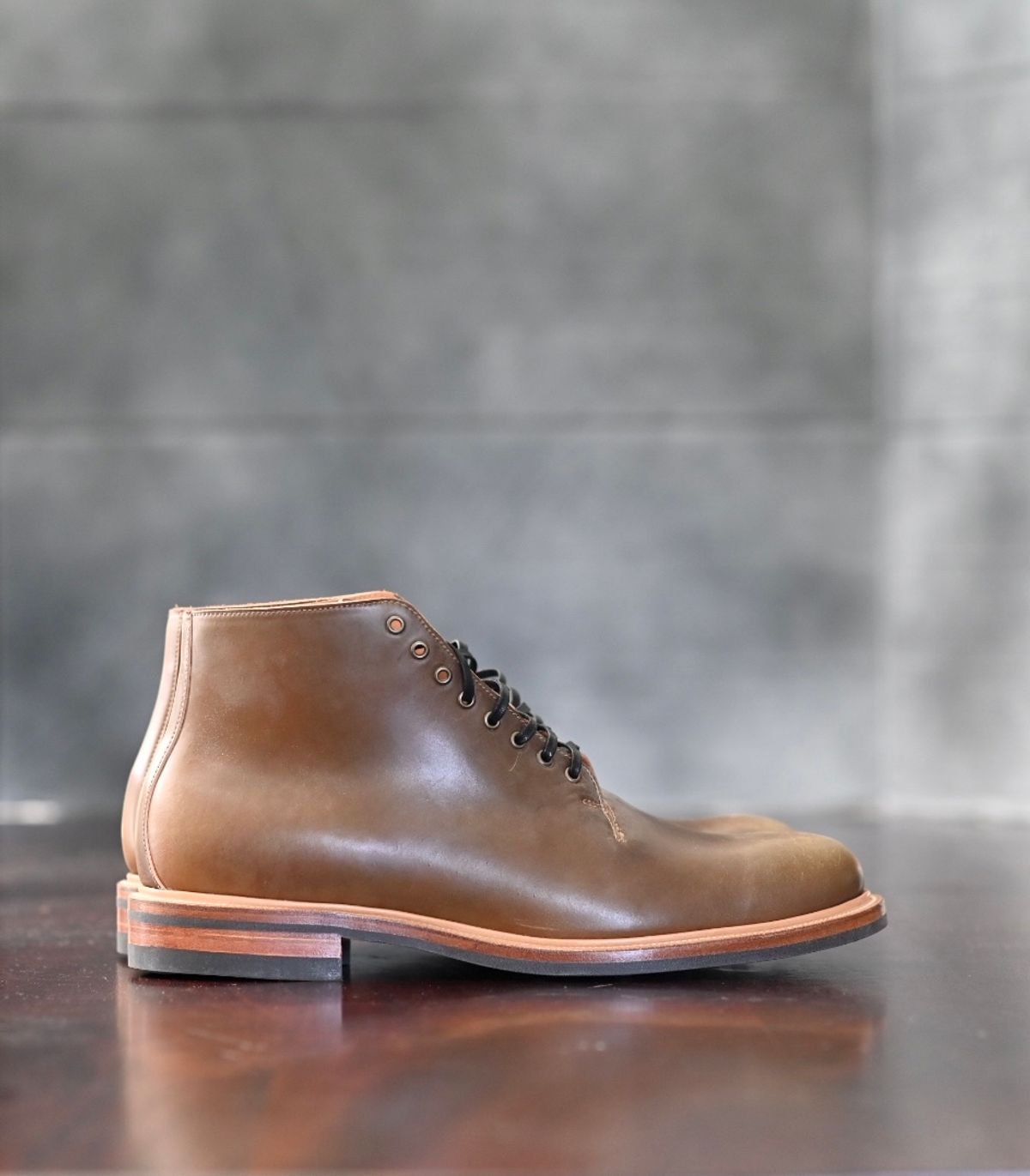 Photo by rmt on October 1, 2022 of the Viberg Wholecut Derby Boot in Horween Calvados Shell Cordovan.