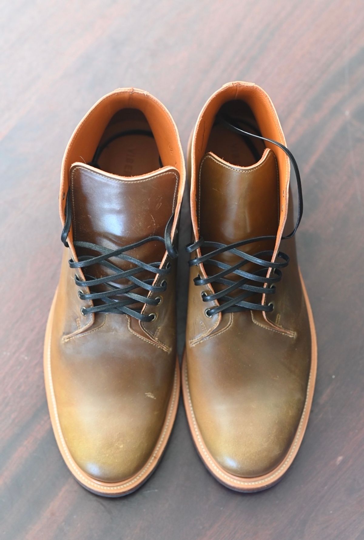 Photo by rmt on October 1, 2022 of the Viberg Wholecut Derby Boot in Horween Calvados Shell Cordovan.