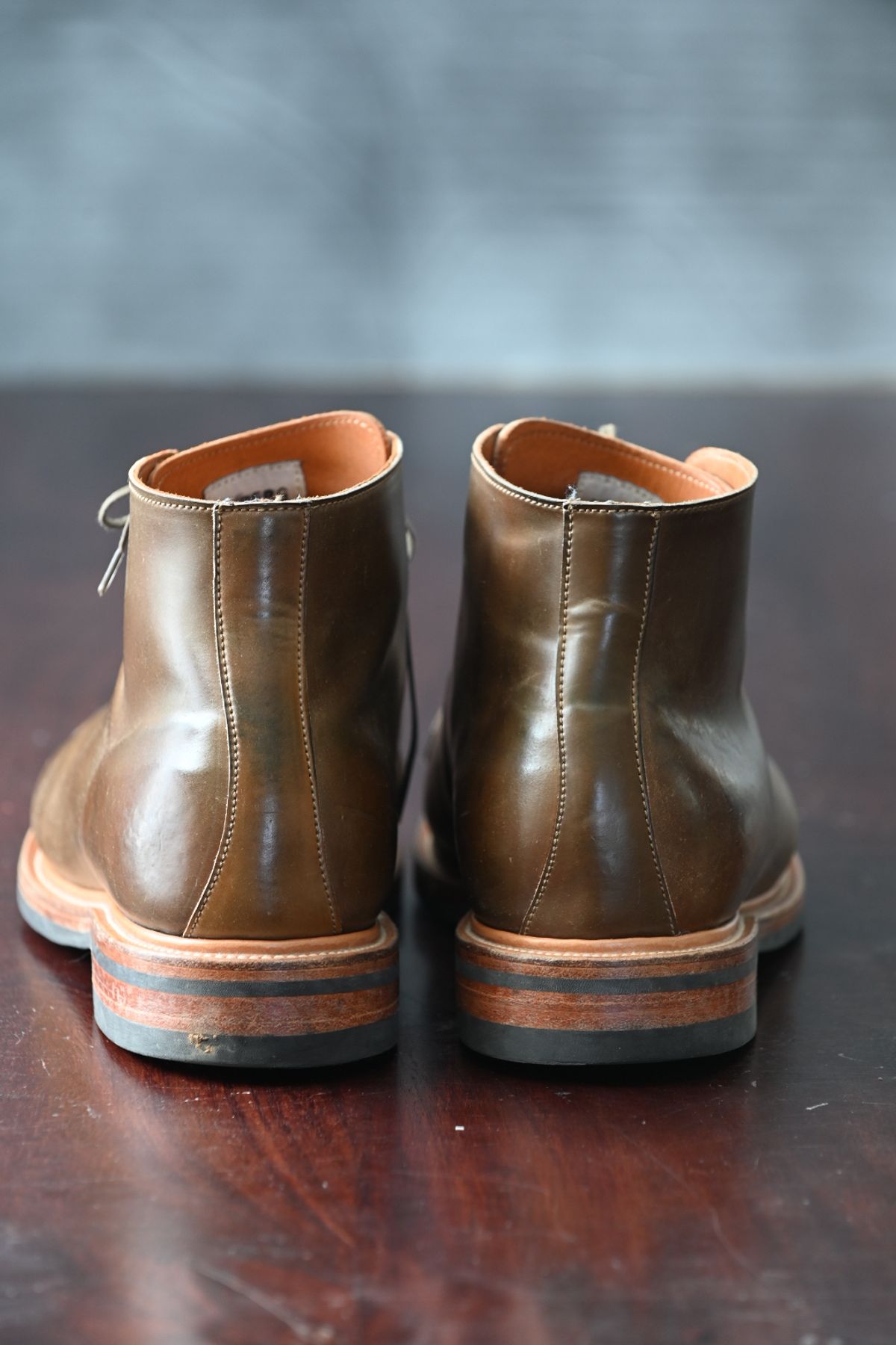Photo by rmt on November 1, 2022 of the Viberg Wholecut Derby Boot in Horween Calvados Shell Cordovan.