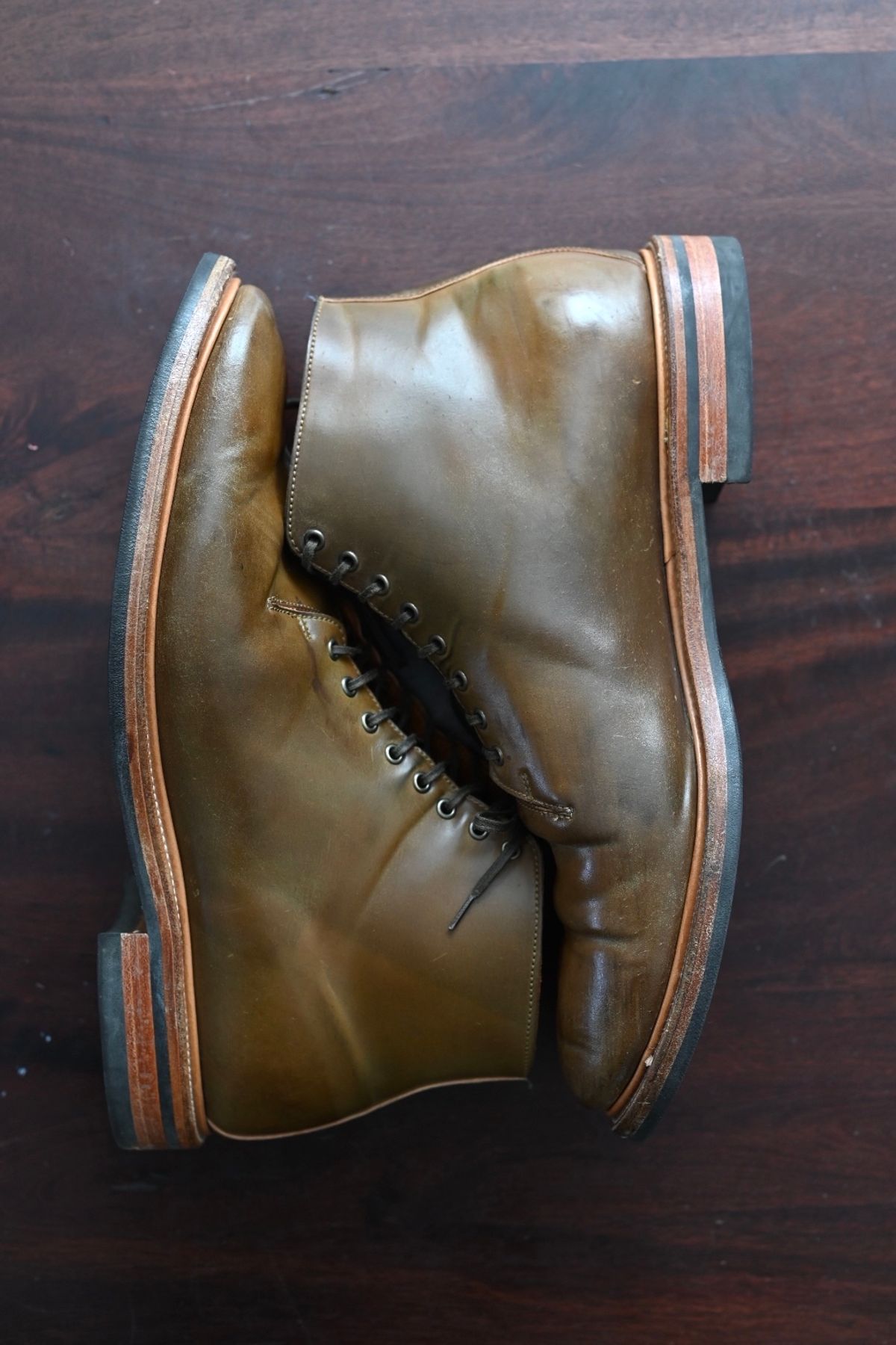 Photo by rmt on November 1, 2022 of the Viberg Wholecut Derby Boot in Horween Calvados Shell Cordovan.