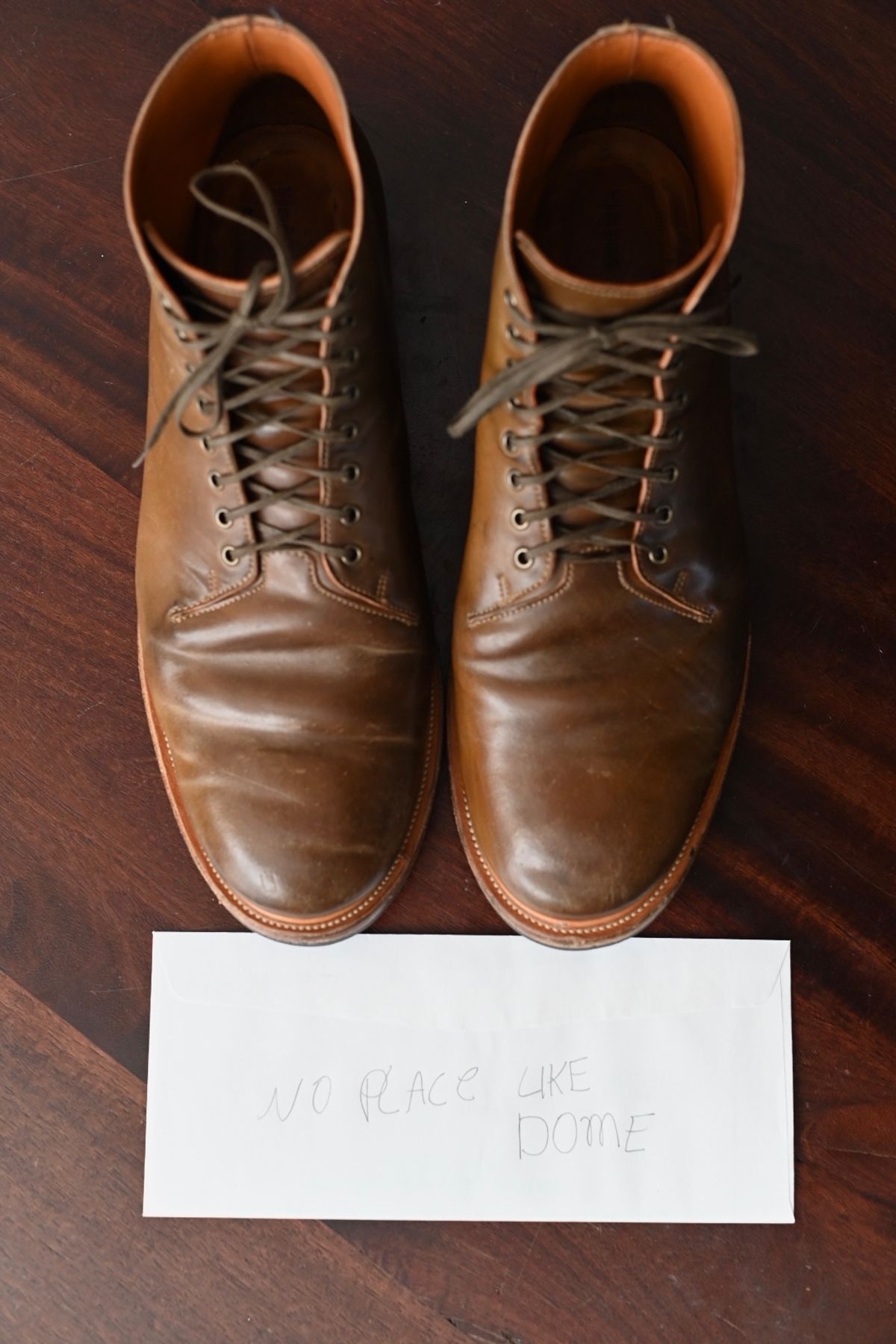 Photo by rmt on November 1, 2022 of the Viberg Wholecut Derby Boot in Horween Calvados Shell Cordovan.