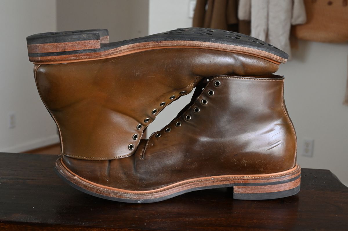 Photo by rmt on December 3, 2022 of the Viberg Wholecut Derby Boot in Horween Calvados Shell Cordovan.