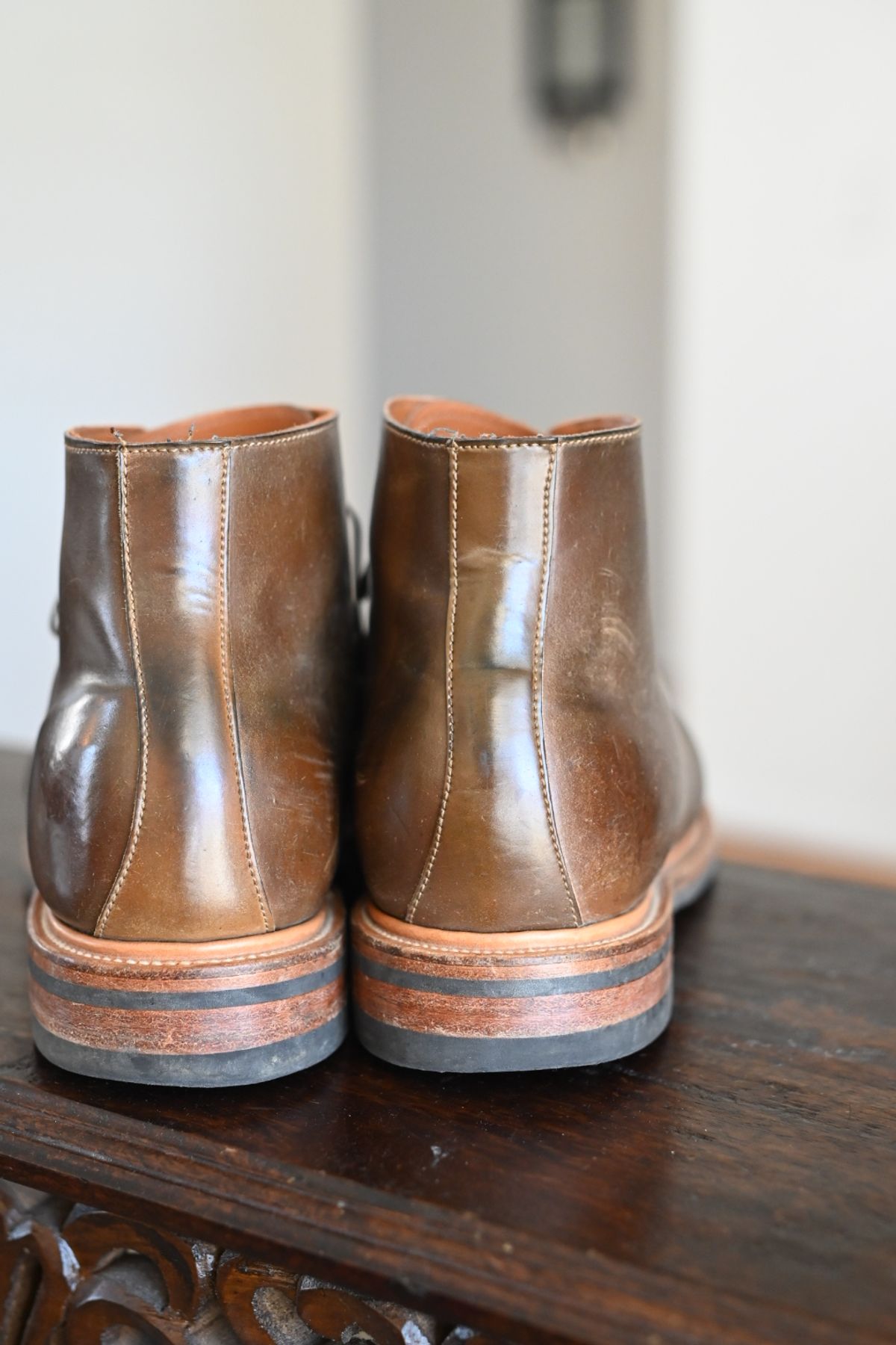 Photo by rmt on January 4, 2023 of the Viberg Wholecut Derby Boot in Horween Calvados Shell Cordovan.