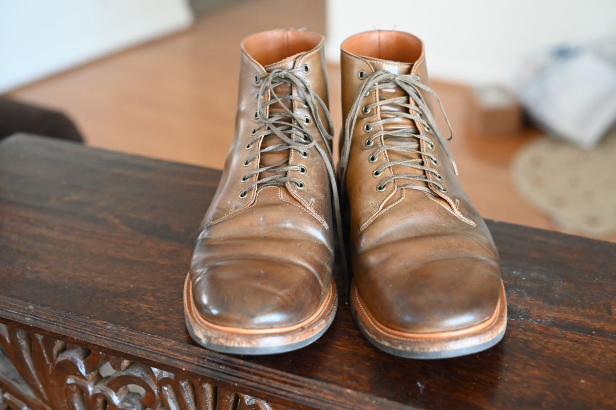 Photo by rmt on January 4, 2023 of the Viberg Wholecut Derby Boot in Horween Calvados Shell Cordovan.