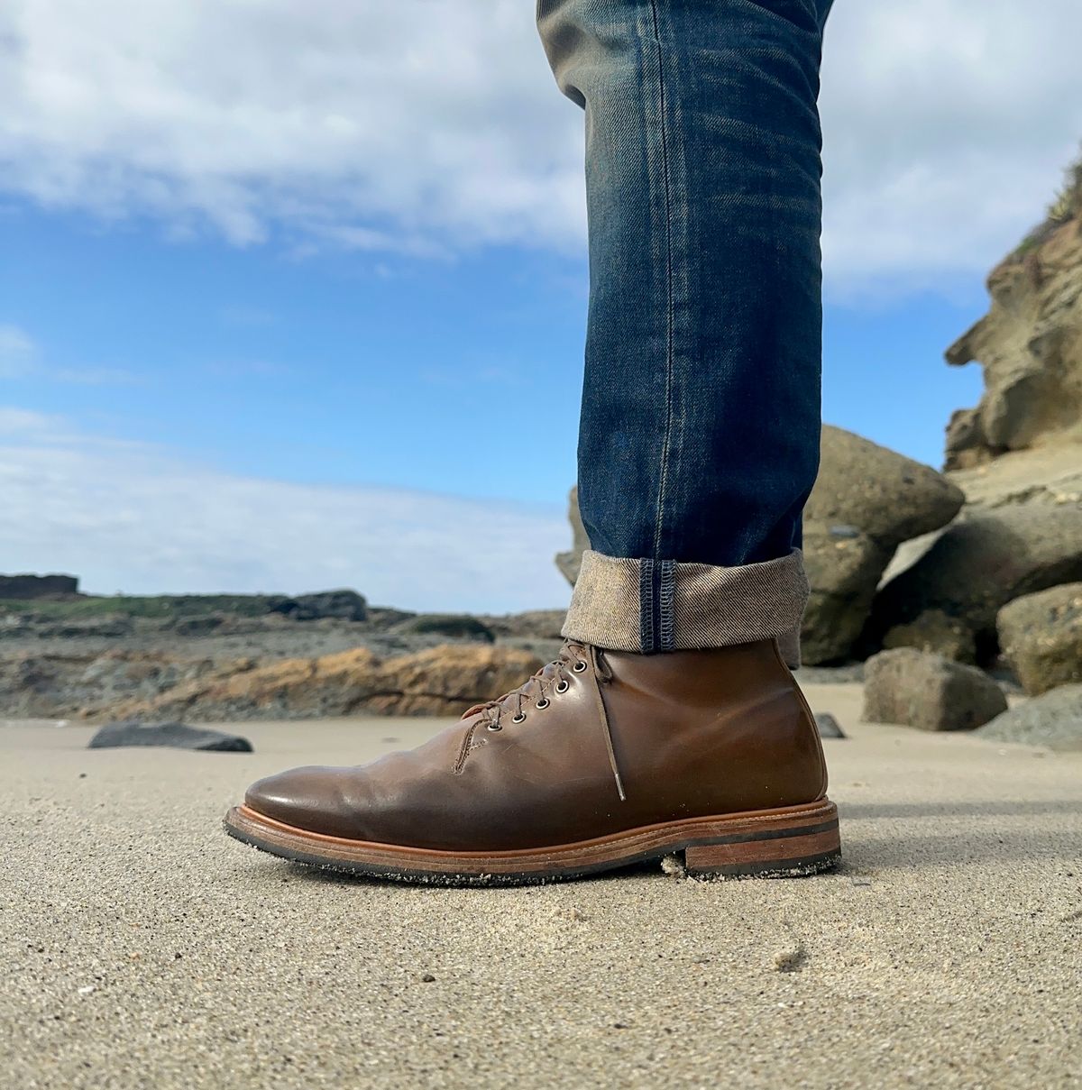 Photo by rmt on February 4, 2023 of the Viberg Wholecut Derby Boot in Horween Calvados Shell Cordovan.