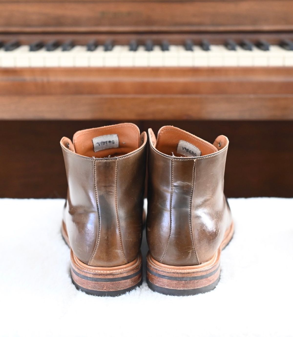 Photo by rmt on March 4, 2023 of the Viberg Wholecut Derby Boot in Horween Calvados Shell Cordovan.