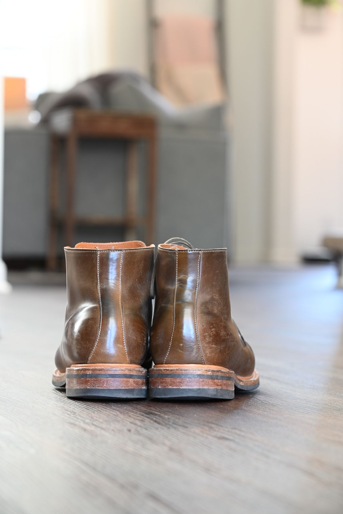 Photo by rmt on April 2, 2023 of the Viberg Wholecut Derby Boot in Horween Calvados Shell Cordovan.