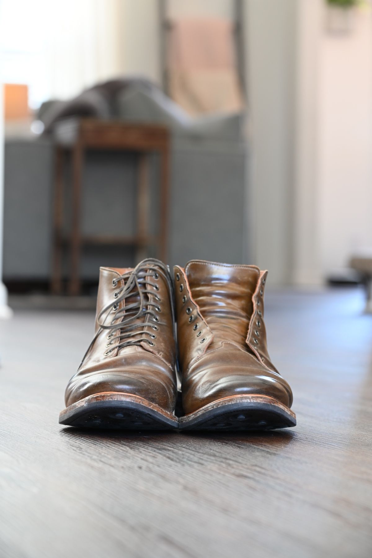 Photo by rmt on April 2, 2023 of the Viberg Wholecut Derby Boot in Horween Calvados Shell Cordovan.