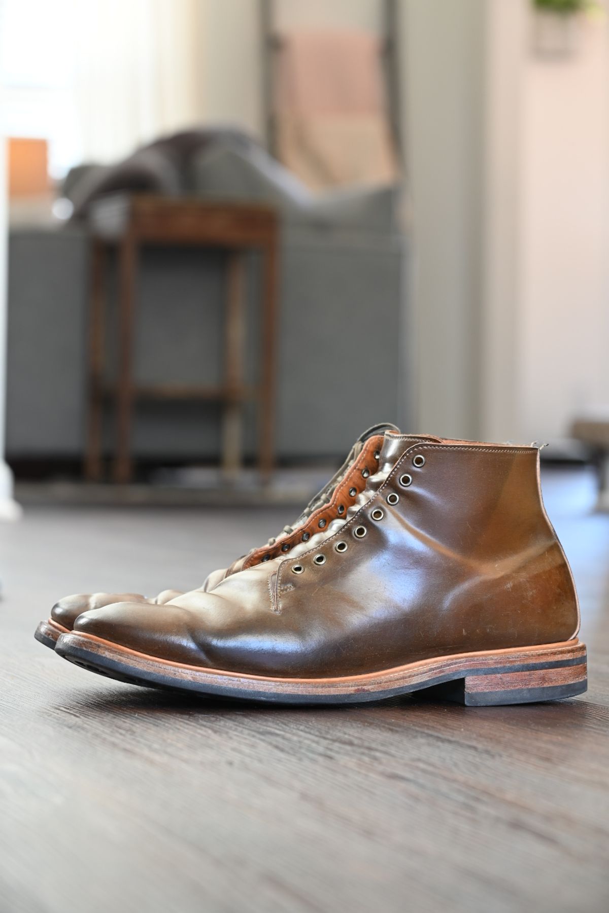 Photo by rmt on April 2, 2023 of the Viberg Wholecut Derby Boot in Horween Calvados Shell Cordovan.