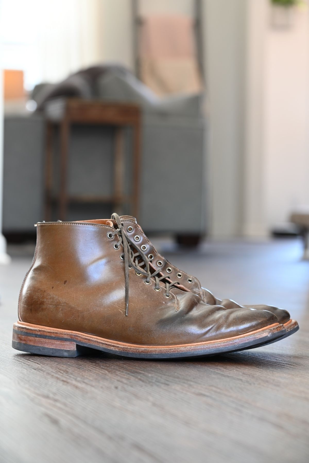 Photo by rmt on April 2, 2023 of the Viberg Wholecut Derby Boot in Horween Calvados Shell Cordovan.