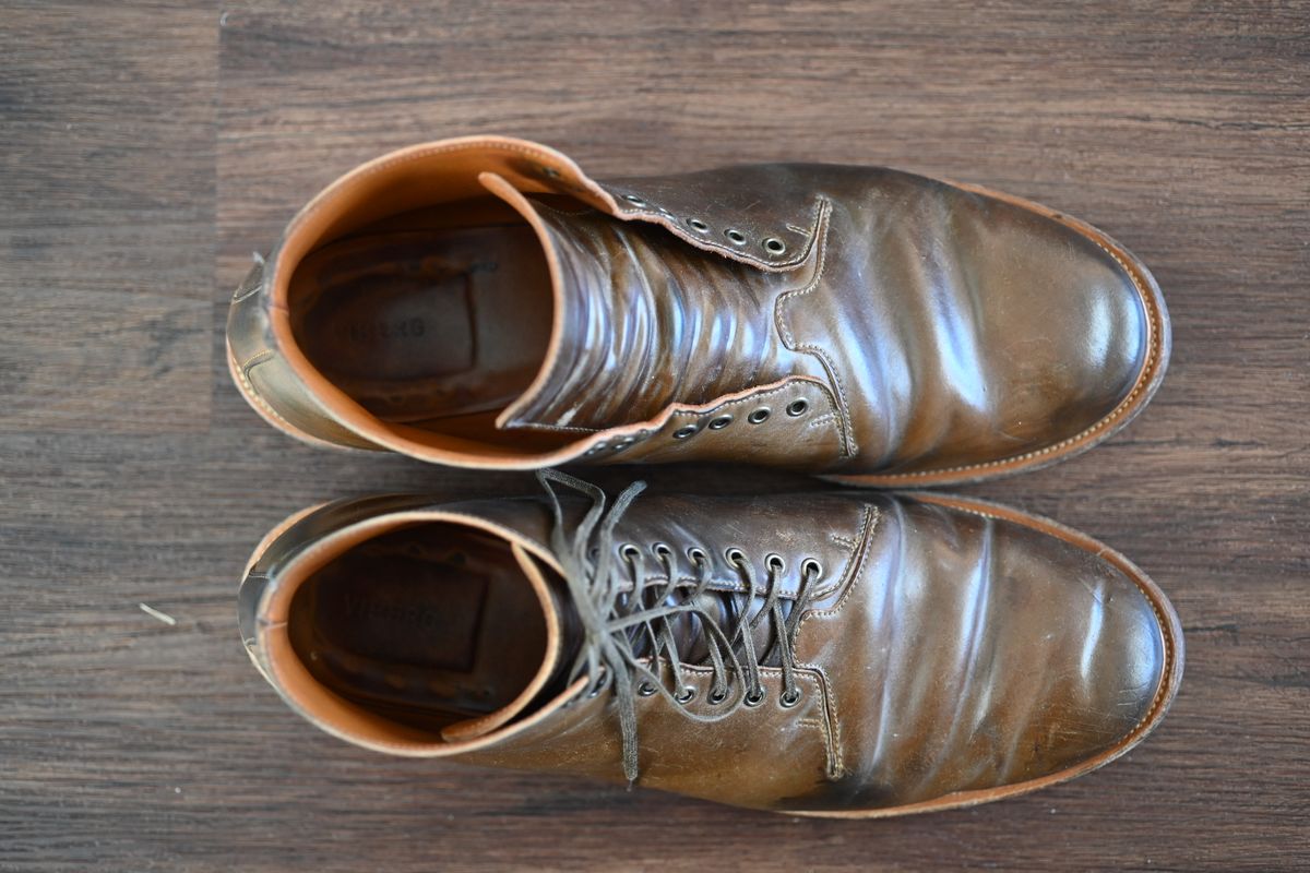 Photo by rmt on April 2, 2023 of the Viberg Wholecut Derby Boot in Horween Calvados Shell Cordovan.