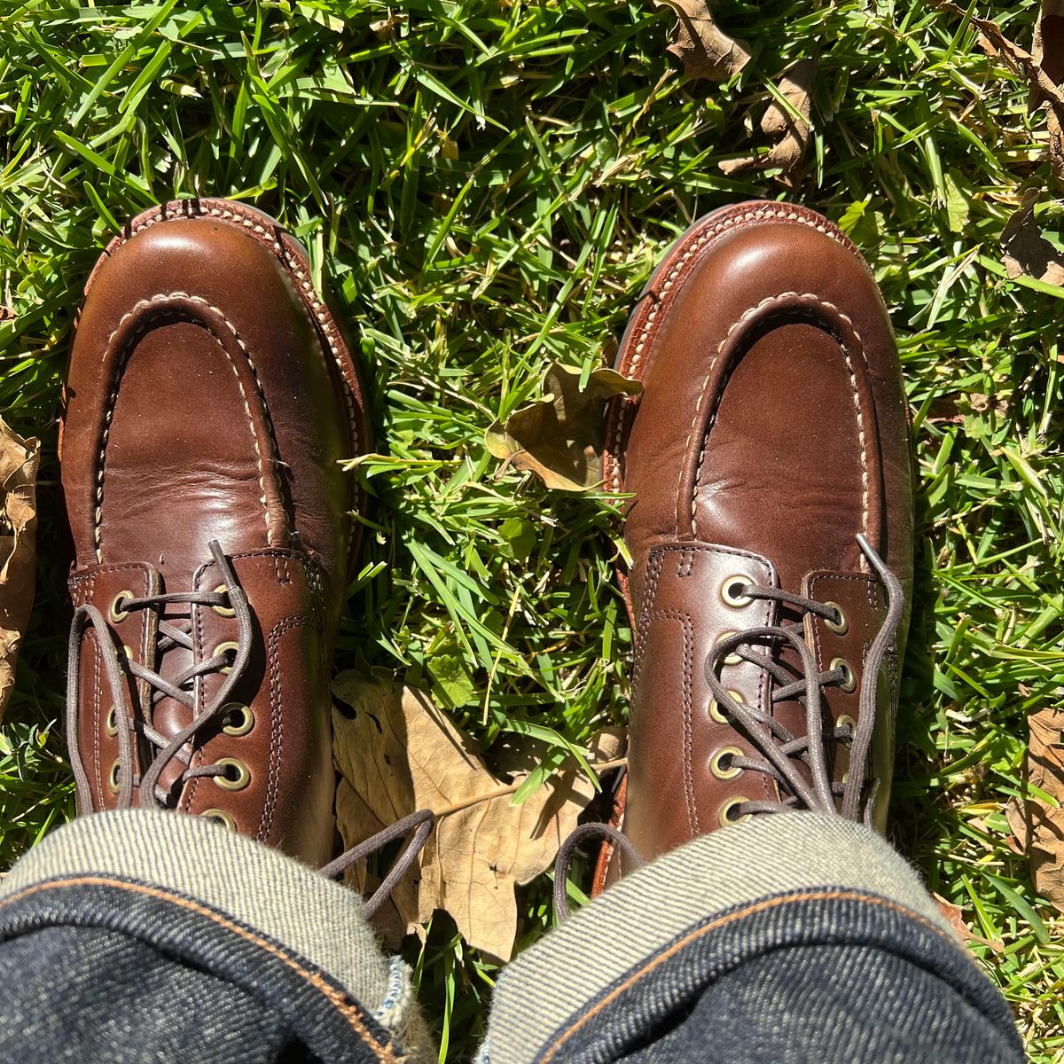 Photo by RetiredFounderofSDPBirkGang on October 1, 2022 of the Grant Stone Brass Boot in Horween Crimson Chromexcel.