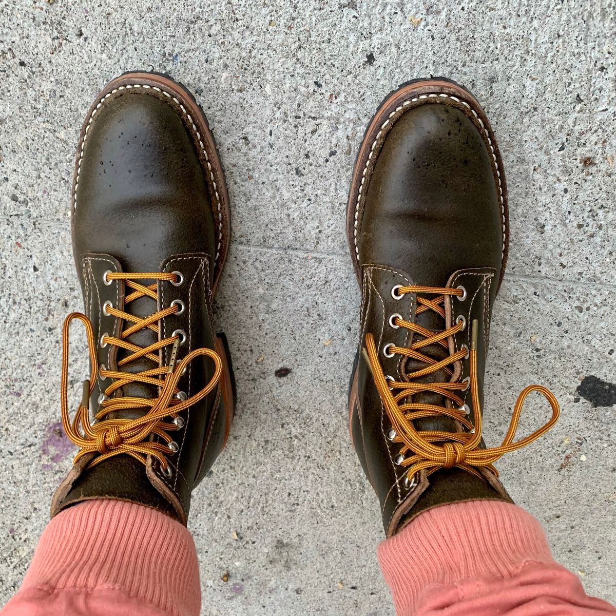 Photo by robyn on July 13, 2021 of the White's MP-Sherman Plain Toe in Horween Olive Waxed Flesh.