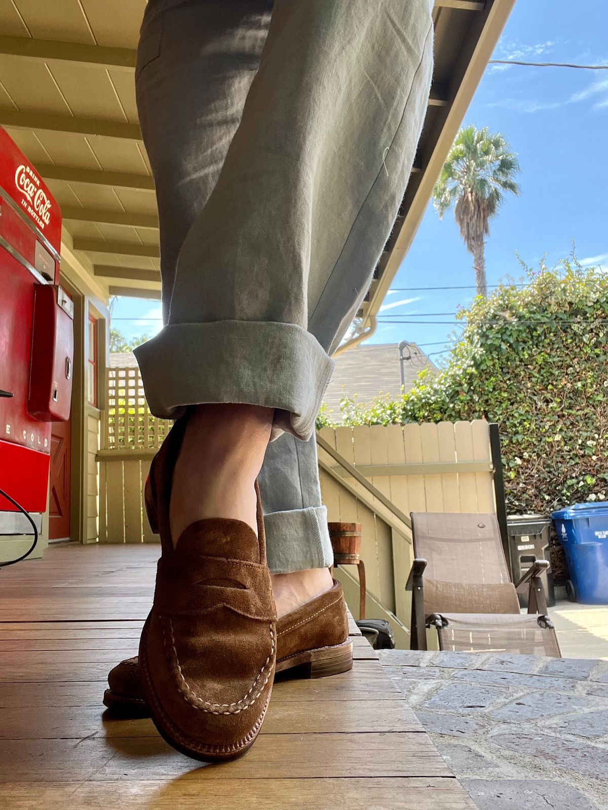 Photo by robyn on August 17, 2022 of the Alden Leisure Handsewn Penny Loafer in C.F. Stead Snuff Janus Calf Suede.