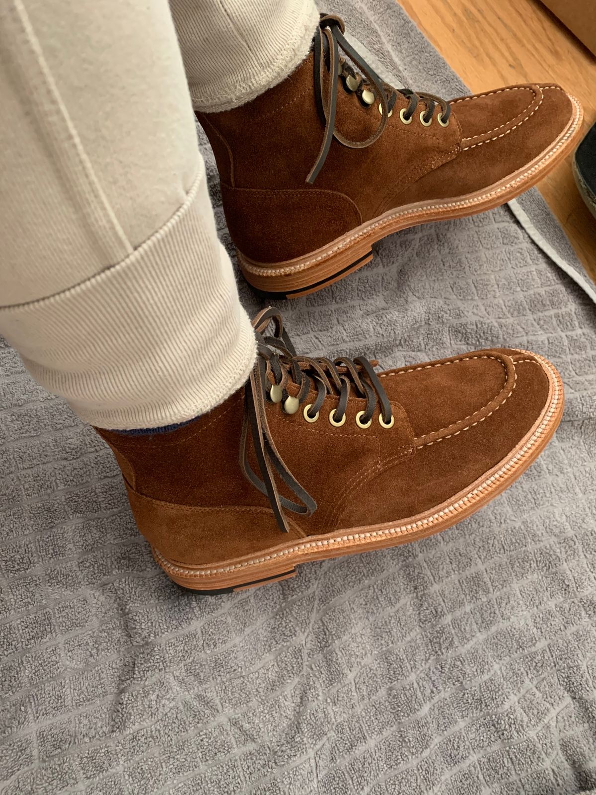 Photo by robyn on November 19, 2020 of the Grant Stone Ottawa Boot in C.F. Stead Bourbon Repello Calf Suede.