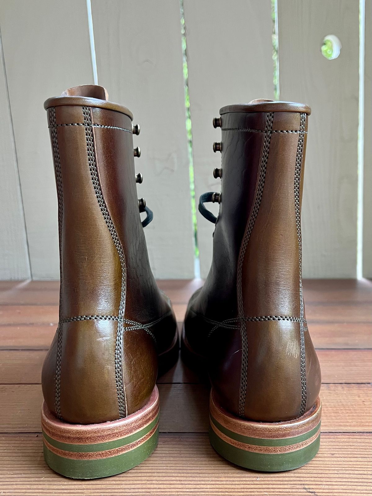 Photo by robyn on October 1, 2022 of the Flame Panda Monkey Boot in Shinki Olive Oiled Horsebutt.