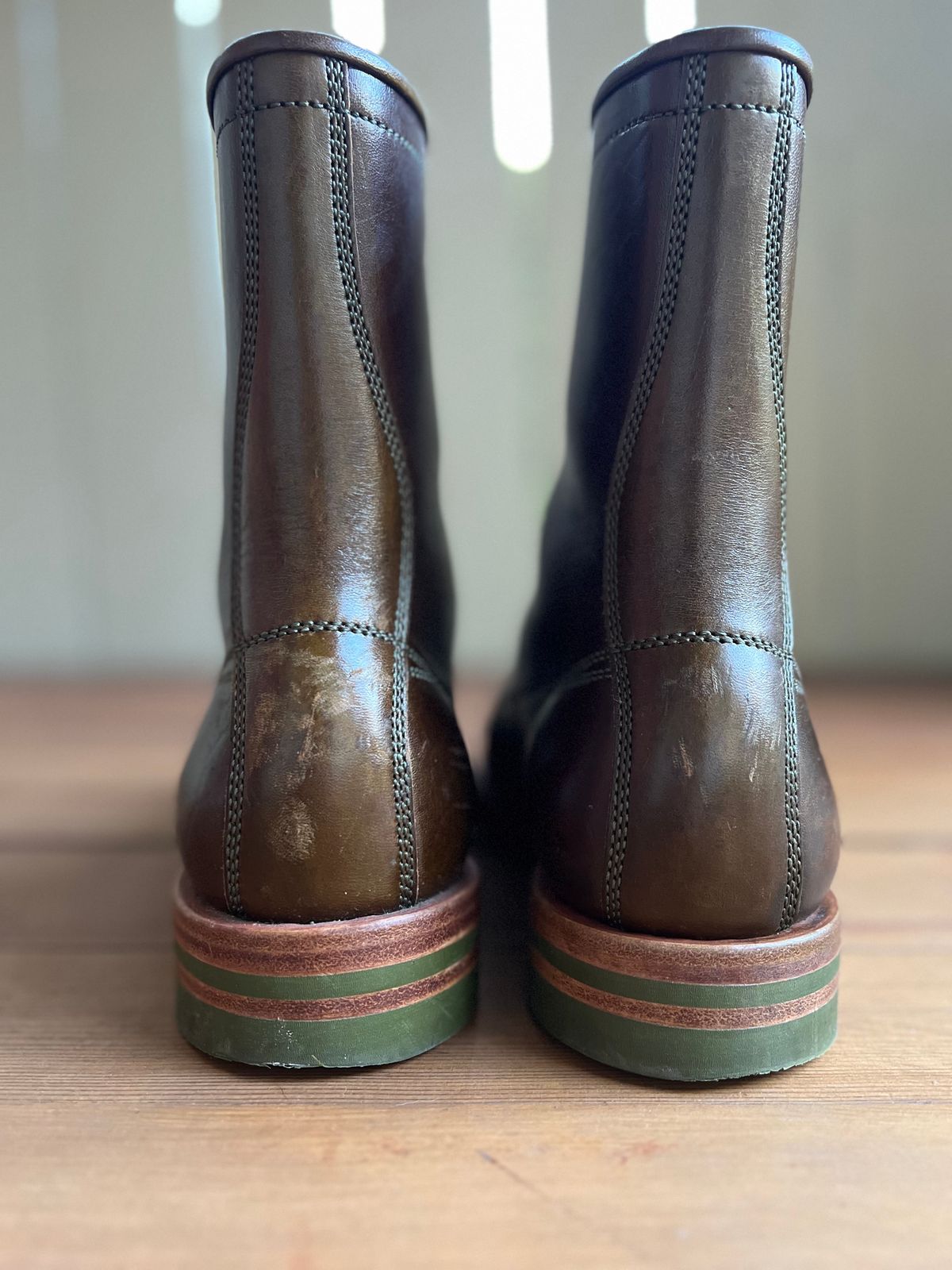 Photo by robyn on November 5, 2022 of the Flame Panda Monkey Boot in Shinki Olive Oiled Horsebutt.