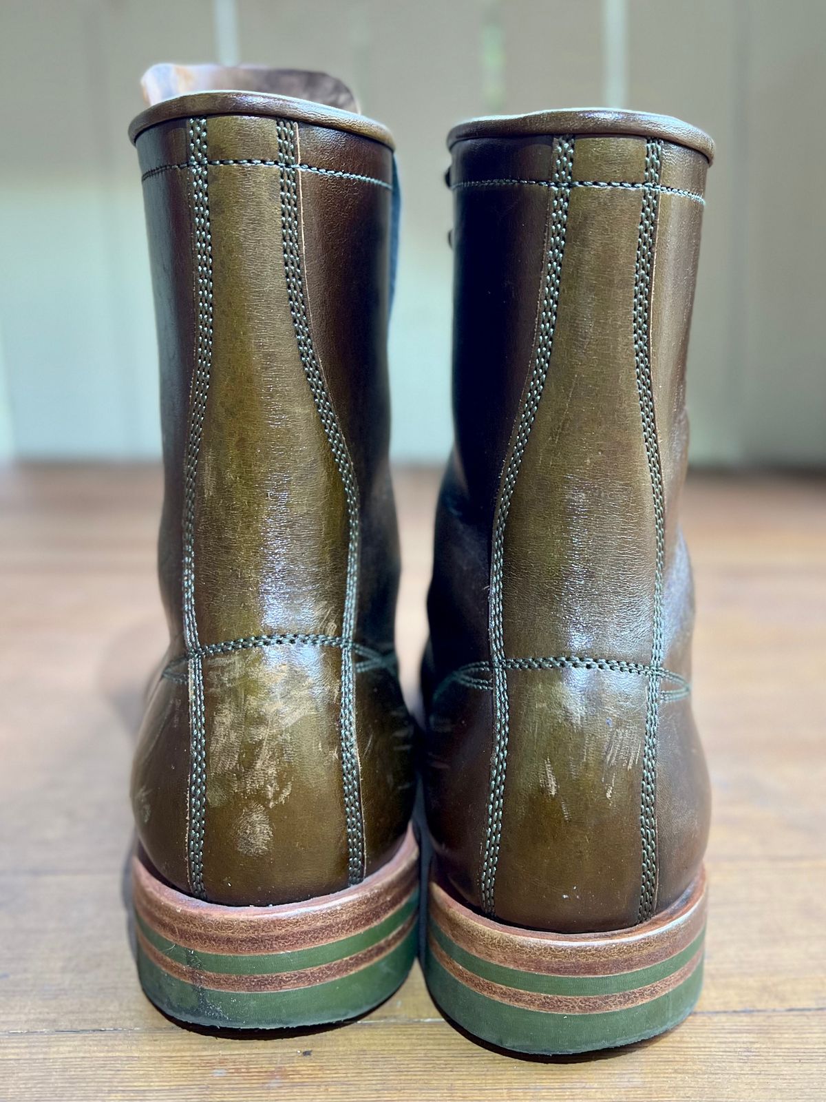 Photo by robyn on December 4, 2022 of the Flame Panda Monkey Boot in Shinki Olive Oiled Horsebutt.