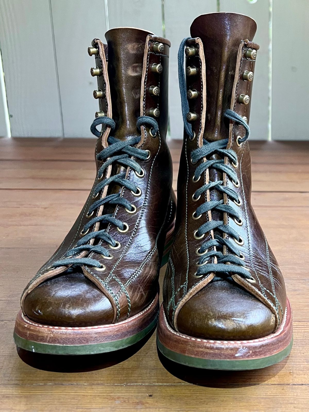 Photo by robyn on December 4, 2022 of the Flame Panda Monkey Boot in Shinki Olive Oiled Horsebutt.