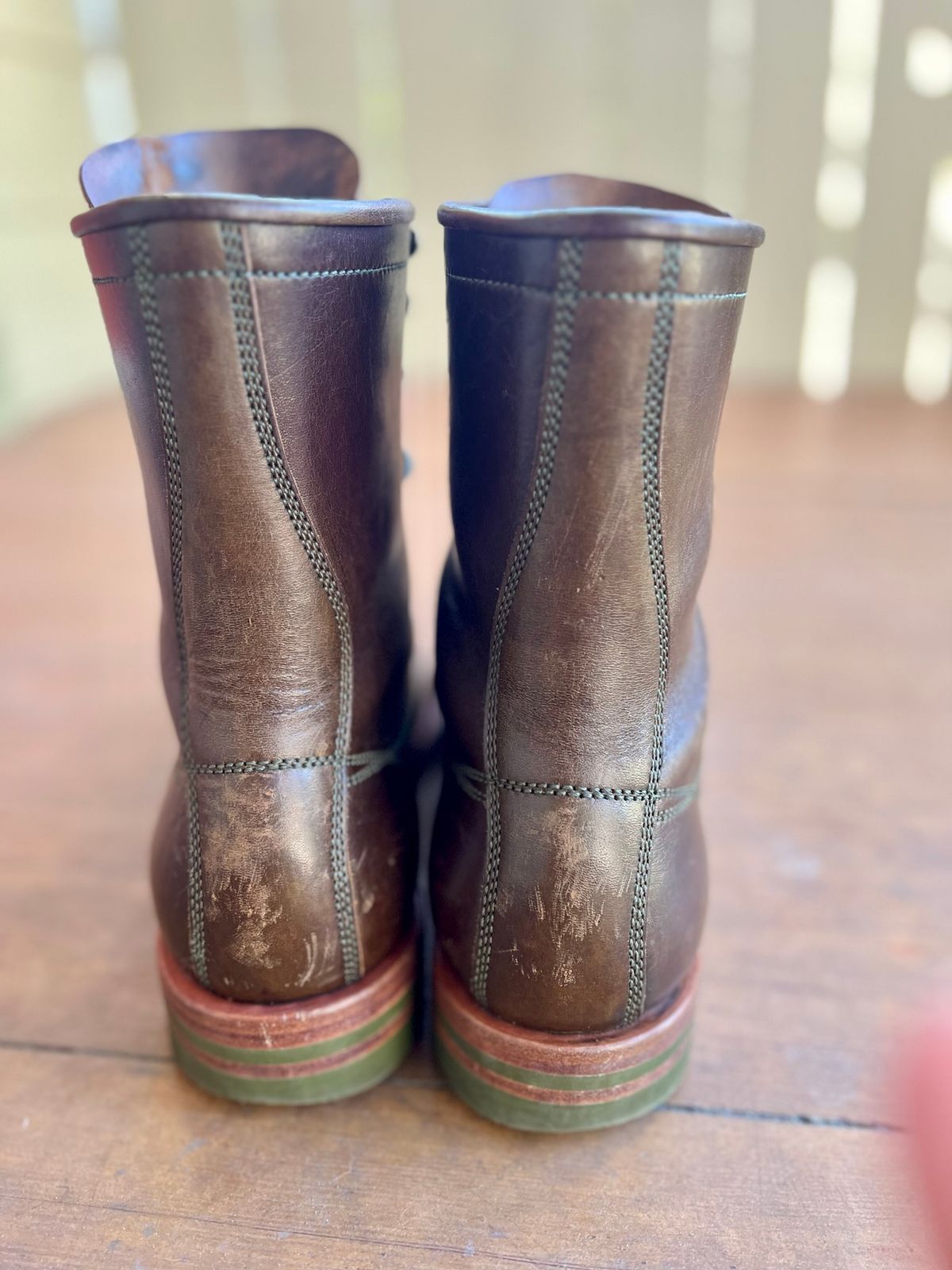 Photo by robyn on March 4, 2023 of the Flame Panda Monkey Boot in Shinki Olive Oiled Horsebutt.