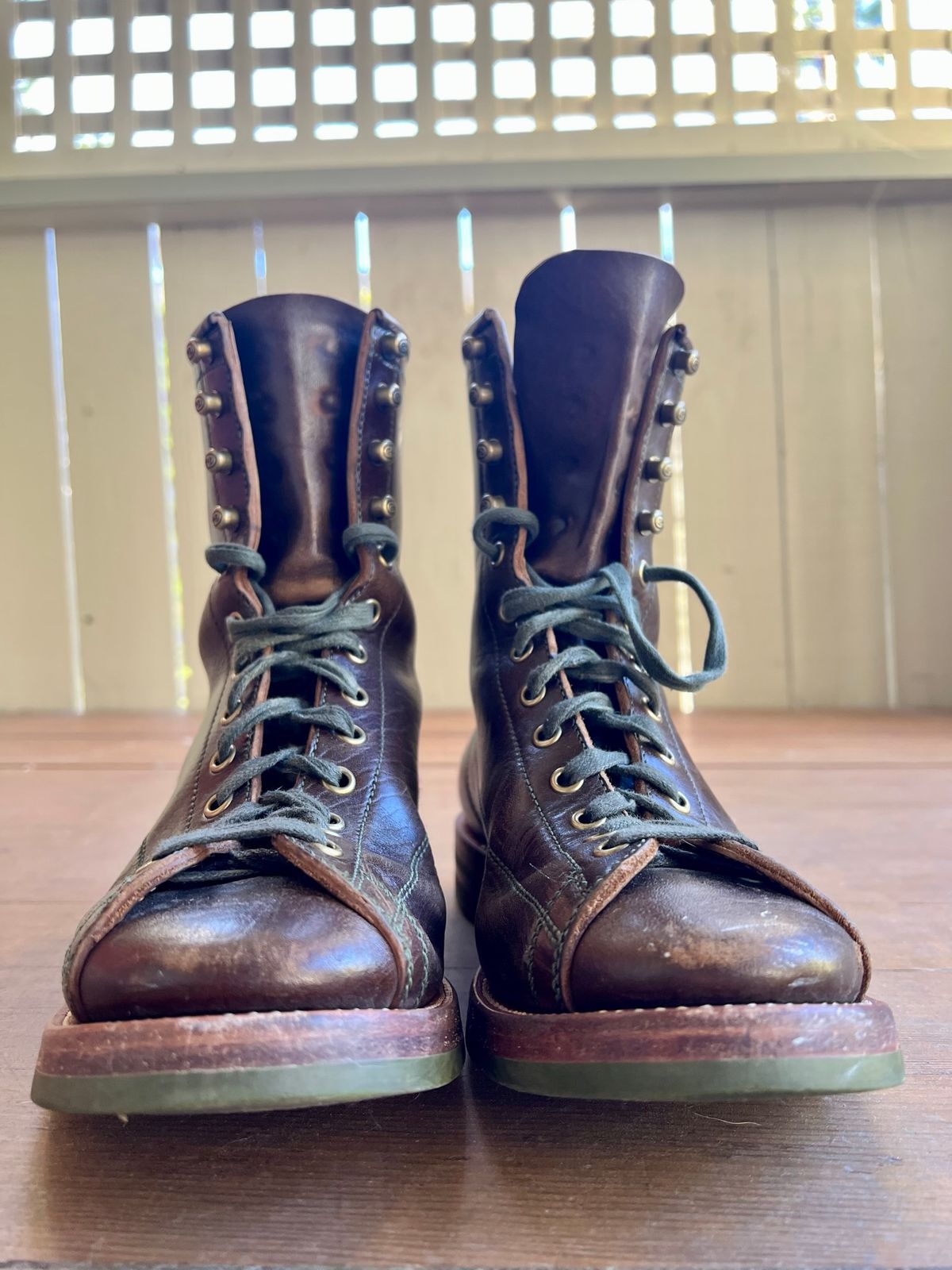 Photo by robyn on March 4, 2023 of the Flame Panda Monkey Boot in Shinki Olive Oiled Horsebutt.