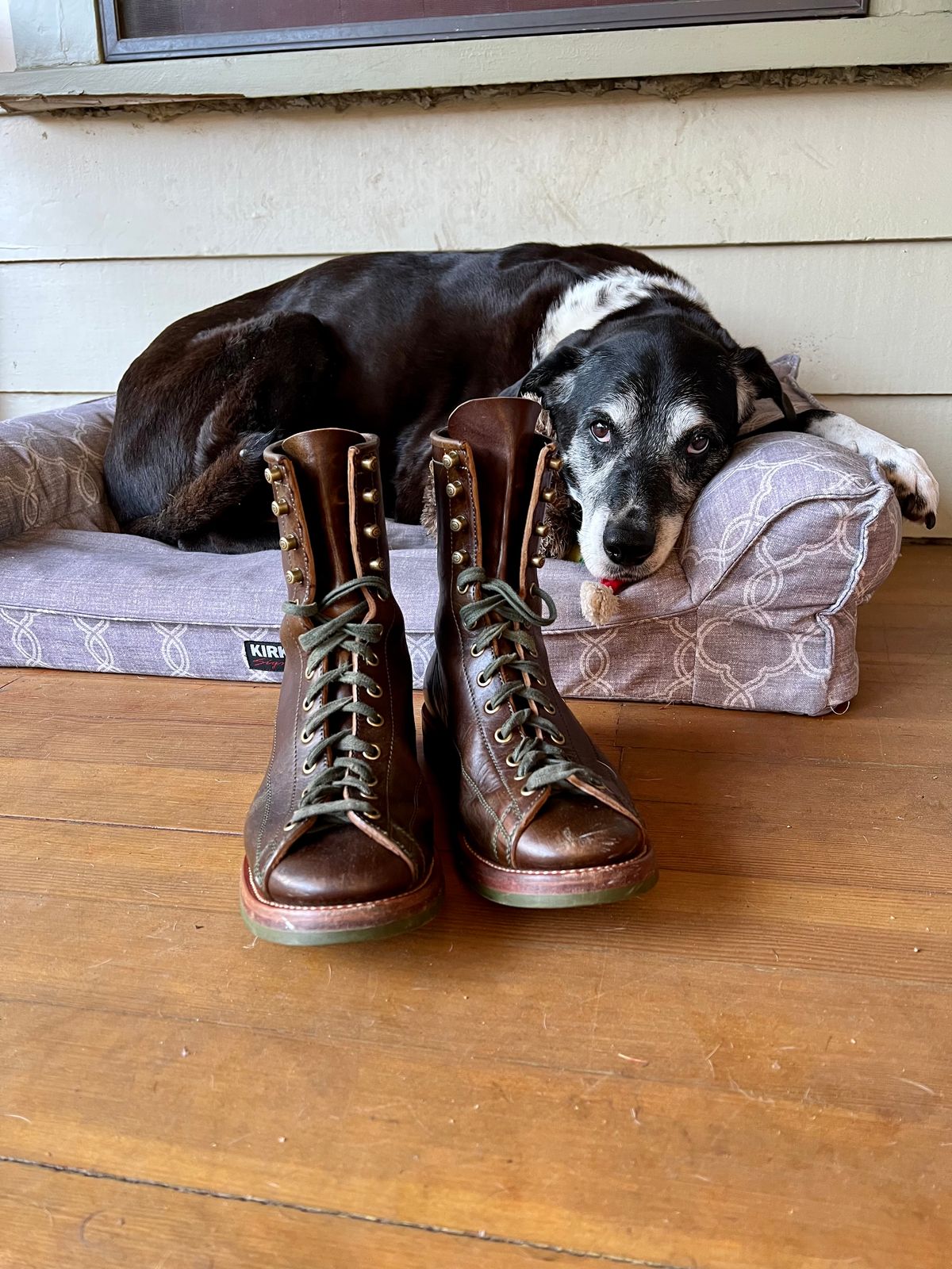 Photo by robyn on April 5, 2023 of the Flame Panda Monkey Boot in Shinki Olive Oiled Horsebutt.