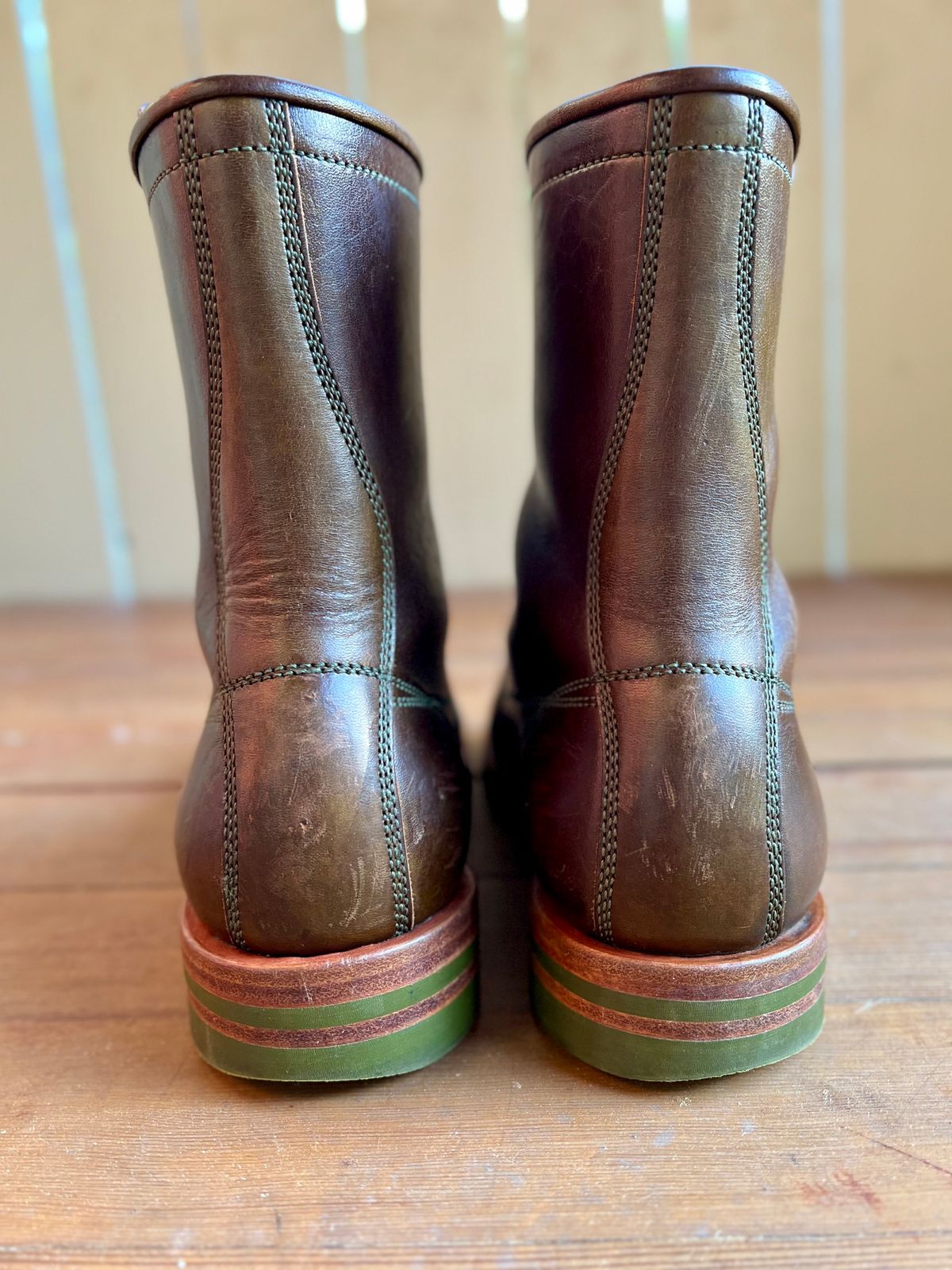 Photo by robyn on April 5, 2023 of the Flame Panda Monkey Boot in Shinki Olive Oiled Horsebutt.