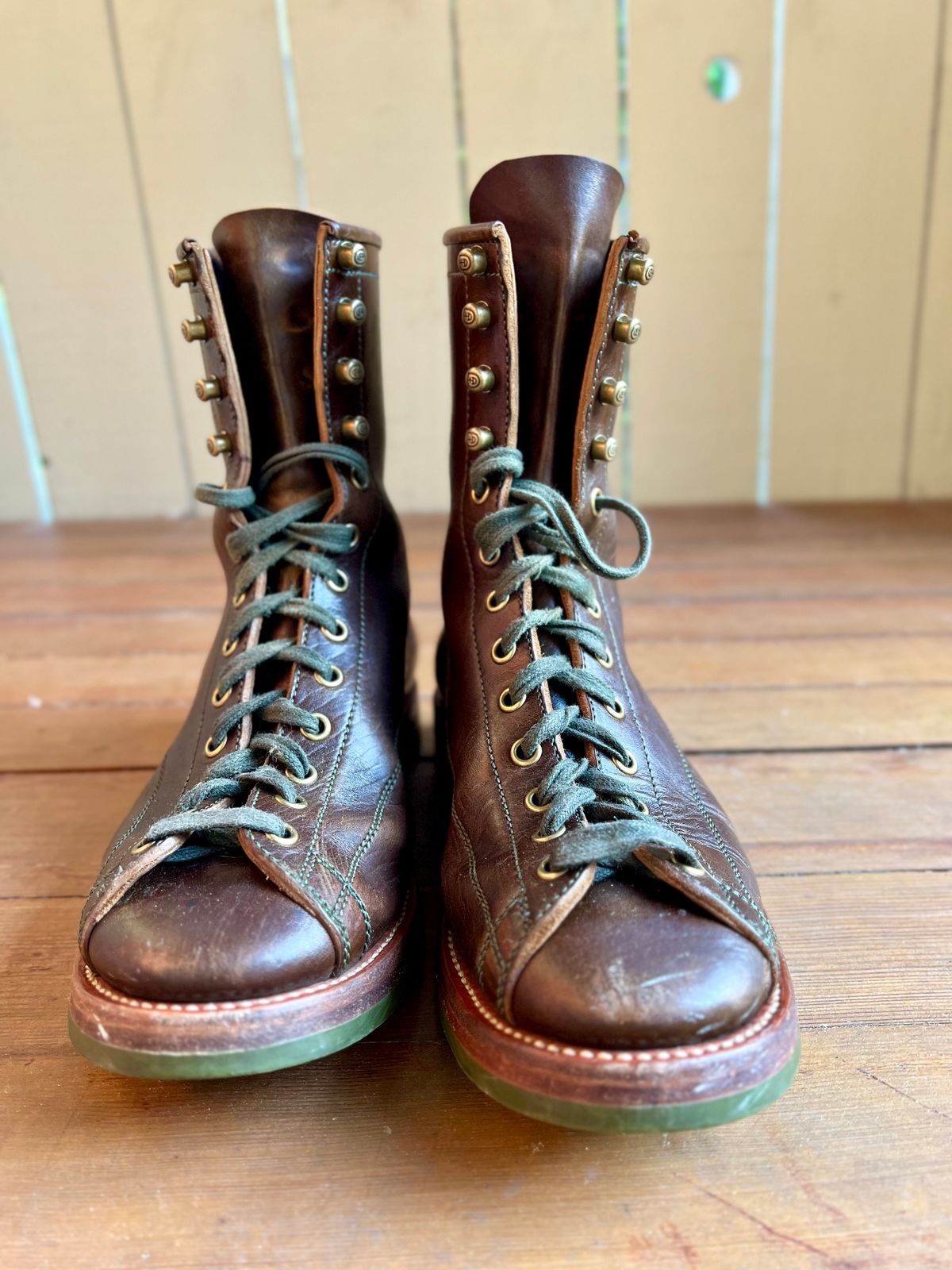 Photo by robyn on April 5, 2023 of the Flame Panda Monkey Boot in Shinki Olive Oiled Horsebutt.