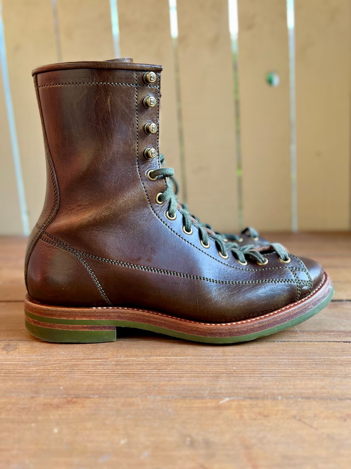 Photo by robyn on April 5, 2023 of the Flame Panda Monkey Boot in Shinki Olive Oiled Horsebutt.