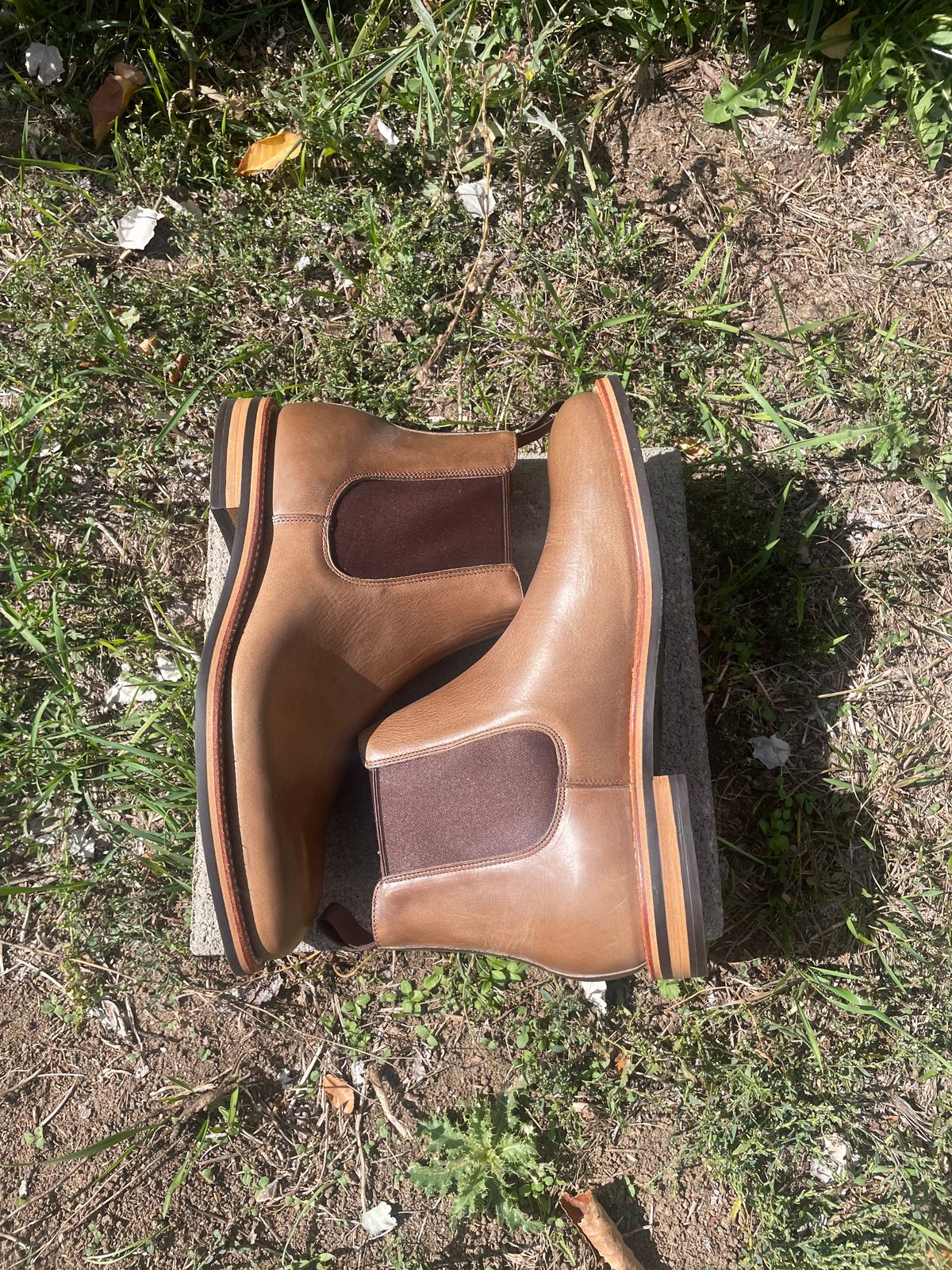 Photo by SkoBuffs23 on October 5, 2025 of the Grant Stone Chelsea Boot in Horween Dune Chromexcel.