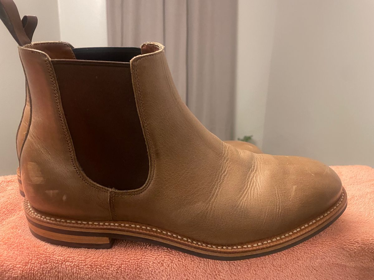 Photo by SkoBuffs23 on November 6, 2025 of the Grant Stone Chelsea Boot in Horween Dune Chromexcel.
