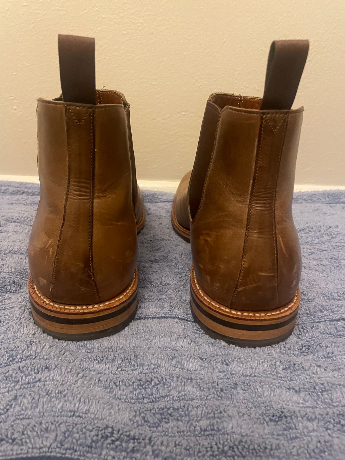 Photo by SkoBuffs23 on December 6, 2025 of the Grant Stone Chelsea Boot in Horween Dune Chromexcel.