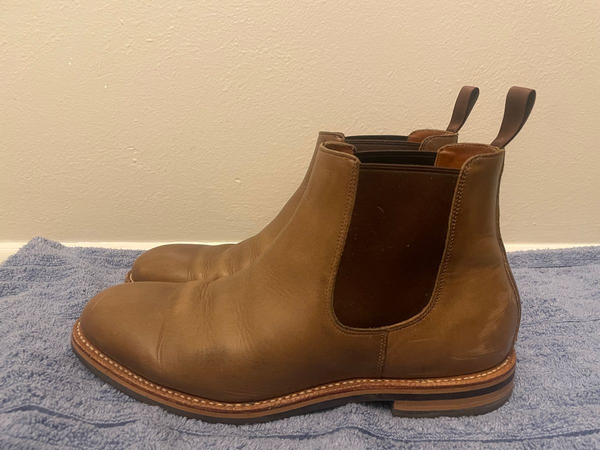 Photo by SkoBuffs23 on December 6, 2025 of the Grant Stone Chelsea Boot in Horween Dune Chromexcel.